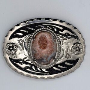 Silver and Black Floral Western Belt Buckle with Polished Agate Stone